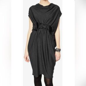 Lanvin Charcoal Grey Wool Cowl Neck Bow Tie Front Midi Short Sleeve Dress